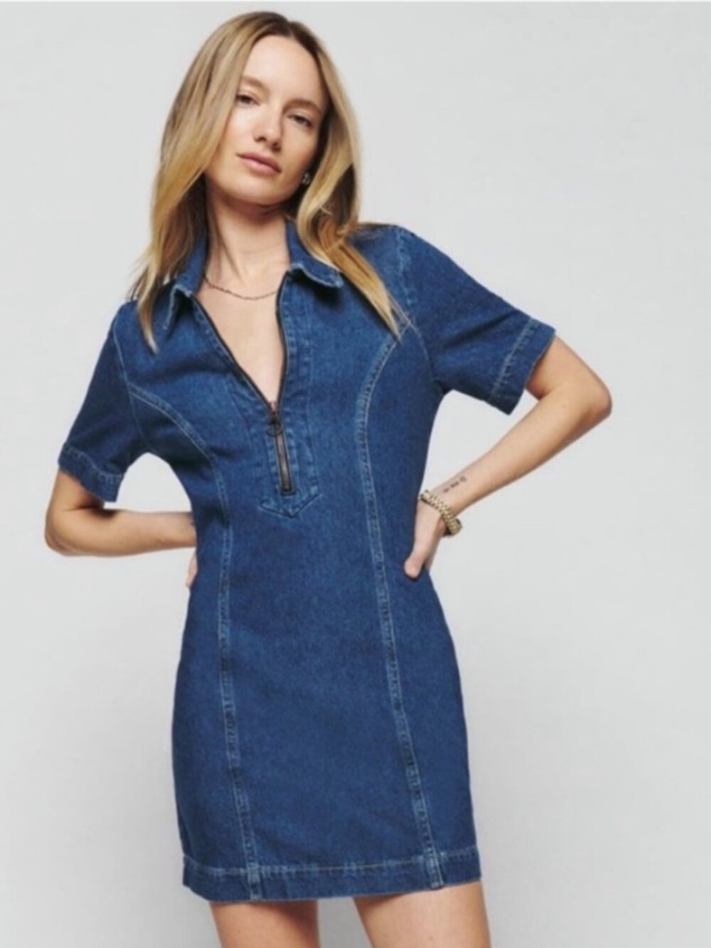 Reformation Loeb Denim Zip Front Dress - Size 8 - Shift Mini